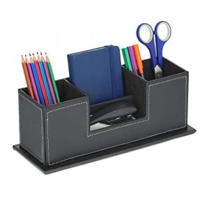 Relaxdays Organiseur de Bureau, Porte-Crayon 4 Compartiments, Similicuir, H x L x P : 11x29,5x11cm, Rangement, Noir