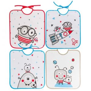 Ti TIN, Lot de 4 Bavoirs Imprimé Imperméable, 33x36 cm | 90% Coton - 10% Polyester - Bavoirs pour Bébés plus de 1 an - Boucle, Ruban de Fermeture - Doublure Vinyle - Motif Astronaute/Espace - 320g/m²