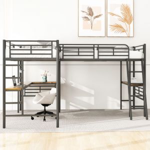 Lit mezzanine - 2 lits 90x200 cm - 2 bureaus sous le lit - Noir