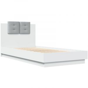 VidaXL Cadre de Lit avec Tête de Lit et Lumières LED, Sommier à Lattes, Lit Simple, Lit Adulte de Chambre à Coucher Intérieur, Moderne, Blanc 90x190 cm