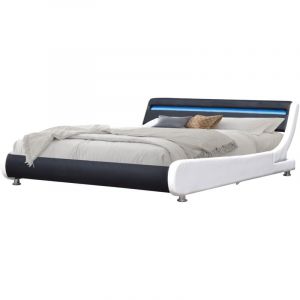 Literie Julien - Lit ava pour matelas 140x190 - Sommier + Tête de Lit eclairage led Incurve Couleur blanc & noir + Pieds en 5 cm pour matelas - 2 x