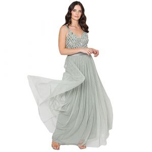 Maya Deluxe Femme Soir&eacute;e Maxi, Longue Sans Manches, Demoiselle D'honneur Col V, C&eacute;r&eacute;monie Robe De Bal, Lys Vert., 40 EU