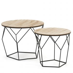 Set de 2 Tables Basses Tokio avec Plateau en placage de Bois Naturel et Structure en métal en Noir. - bois et noir