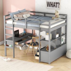 Lit mezzanine avec bureau, lit mezzanine enfant 140x200 cm avec étagères et tiroirs, cadre de lit en pin, gris