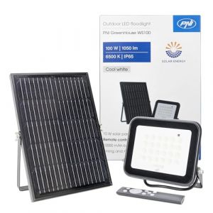PNI GreenHouse WS50 R&eacute;flecteur LED 50 W avec panneau solaire, batterie 6000 mAh, t&eacute;l&eacute;commande, minuterie et luminosit&eacute; r&eacute;glables, 6500 K, IP65