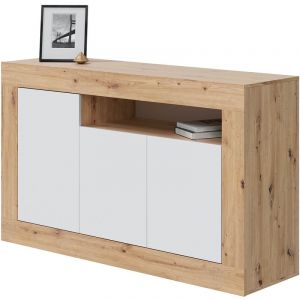 Image de Pegane Buffet meuble de rangement en panneau de particules mélaminé coloris blanc mat et chêne - Hauteur 87 x Longueur 144 cm x