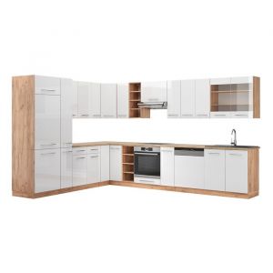 Vicco cuisine en angle Fame-Line, Blanc brillant/Chêne doré, 257 x 347 cm sans plan de travail