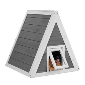 Relaxdays Niche pour Chats, résistante aux intempéries, Bois, HxLxP: 54 x 52 x 64 cm, 2 entrées, Toit Pointu, Gris/Blanc
