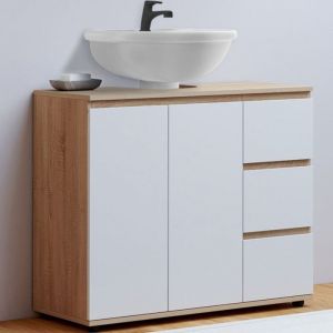 Idmarket Meuble sous lavabo salle de bain TOMI avec placard et 3 tiroirs façon hêtre et blanc