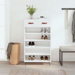 VidaXL Armoire à Chaussures, Étagère à Chaussures avec Tiroir et Pieds, Meuble à Chaussures avec 5 Compartiments Salon, Blanc Brillant Bois Ingénierie