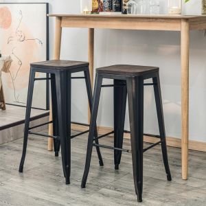 Lot de 4 Tabourets de Bar Metal Bois Industriels Fresne - Noir