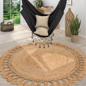 Paco Home - Tapis Naturel Jute Motif Boho Moderne Motif Ethnique Uni Tiss&eacute; a La Main Beige 80 cm rond