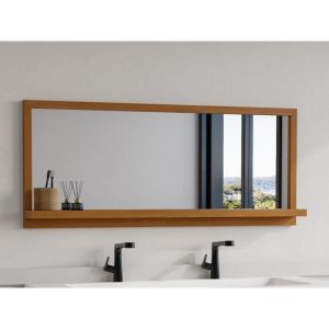 Miroir mural avec tablette en bois de chêne - L. 120 x H. 50 cm - Naturel - JIAO