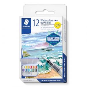 Staedtler Kit de peinture aquarelle &ndash; Kit de voyage &ndash; Design Journey &ndash; Comprend une palette de m&eacute;lange, 12 peintures m&eacute;talliques, un pinceau &agrave; eau et une &eacute;ponge &ndash; Lot de 1, 888M M12-C