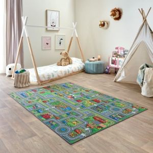 Image de Tapis Voiture Enfant 140x200cm, Playcity, Tapis Circuit Voiture pour Chambre à Coucher, Lavable, Antidérapant - Carpet Studio