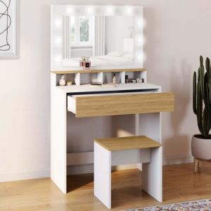Image de Idmarket Coiffeuse ZELIA blanc et hêtre miroir LED avec 4 niches, 1 tiroir et tabouret