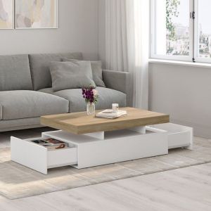 Idmarket Table basse rectangulaire ELSA 2 tiroirs en bois blanc et plateau façon hêtre