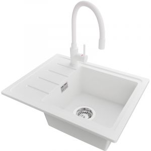 PRIMAGRAN Evier Cuisine en Granit 55x44cm,Lavabo 1 bac + Robinet 38x14cm + Kit de Vidage, &Eacute;vier &agrave; Encastrer au meuble 45cm - Copenhague Easy, Blanc