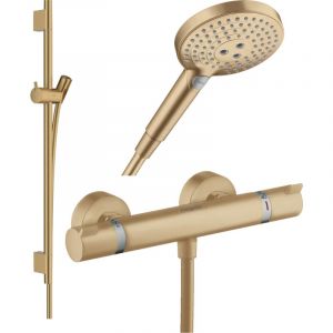 Hansgrohe Pack mitigeur douche thermostatique Ecostat Comfort + Barre Unica + flexible + Pommeau Raindance 3 jets bronze brossé