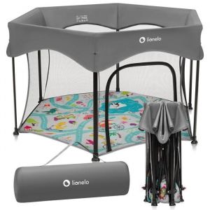 LIONELO Roel Plus - Parc Enfants jusqu'à 15 kg, 6 à 36 mois - 134 x 74 x 67 cm - Entrée Latérale à Fermeture Éclair, Côtés en Filet Aéré, Sac de Transport, Sécurité LockGuard