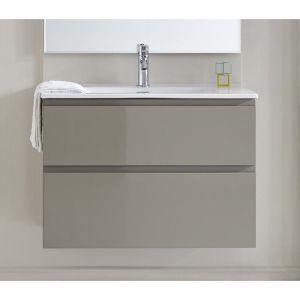 Image de Pegane Meuble de salle de bain avec 2 tiroirs suspendus taupe brillant avec plan moulé - Longueur 80 x Hauteur 56 x Profondeur