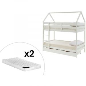 Lits superposés cabane 2 x 90 x 190 cm 2 tiroirs Pin m if Blanc + Matelas CHORI