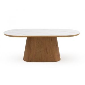 Table de salle à manger placage de chêne et plateau en céramique blanc - REF. 11417