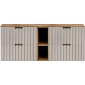 Furnidea - Meuble sous vasque FLOW CACHEMIRE 140 cm avec l'&eacute;tag&egrave;re - extension et plan ch&ecirc;ne - 4 tiroirs - fa&ccedil;ades rainur&eacute;es