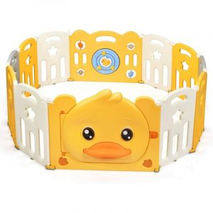 Image de COSTWAY Parc Bébé Pliable 14 Pièces en Plastique 80x39,5x67,5CM avec Mignon Motif de Canard Jaune Barrière d’Enfant en HDPE sans BPA