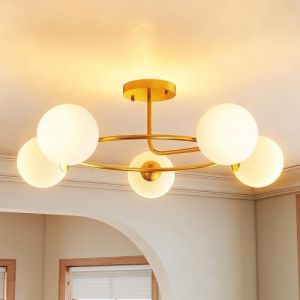 Homcom Plafonnier - lustre moderne à 5 culots G9 - montage semi-affleurant - métal et plastique - Ø 64 x 20 cm - doré et blanc