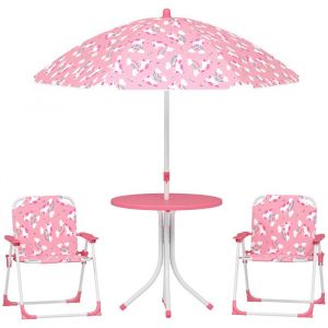 Salon de jardin enfant - AIYAPLAY - table enfant avec 2 chaises pliantes, parasol amovible &Oslash;100cm - motif jungle - plastique - rose