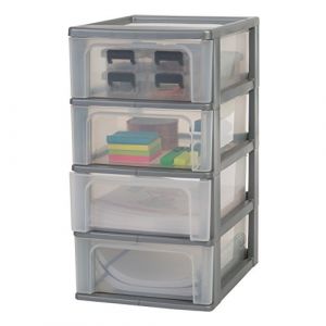 Amazon Basics Iris Ohyama - Tour de rangement 4 tiroirs Organizer Chest OCH-2004. Plastique, argent-transparent, 28 L, 26 x 35,5 x 49 cm