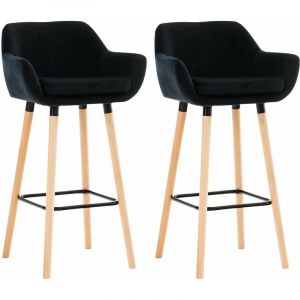 D&eacute;coshop26 Lot de 2 tabourets de bar en velours noir pieds en bois avec repose-pieds et accoudoirs style r&eacute;tro moderne 10_0000321