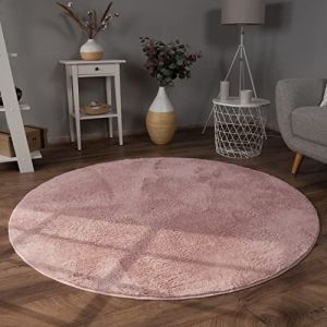 Paco Home Tapis De Salon Fausse Fourrure Peluche Tapis Shaggy Long Lavable Divers Couleurs Pink, 160 cm rond