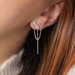 Boucles D'oreilles - Argent - Cha&icirc;ne Pendante - Oxyde De Zirconium - 925/000 - Rhodi&eacute;