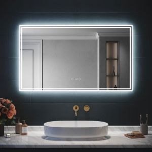 Miroir Lumineux Salle de Bain LED Eclairage Int&eacute;gr&eacute; Fonction Bluetooth 5.0 Horloge Anti-bu&eacute;e Horizontal 120x70cm Mirroir LED