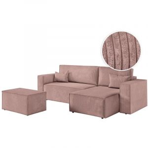 Loungitude Pack - clarisse - Canap&eacute; d'angle convertible r&eacute;versible avec pouf en velours c&ocirc;tel&eacute; - Vieux rose