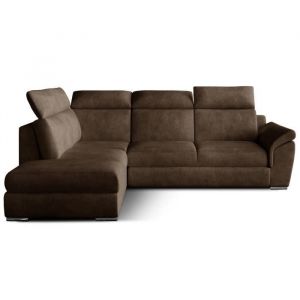 LesTendances Canapé angle gauche convertible tissu marron avec appuis-tête réglables Kepita 260 cm