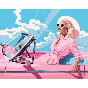 Peinture au num&eacute;ro : Diva dans une Voiture R&eacute;tro Rose - toile tendue sur ch&acirc;ssis