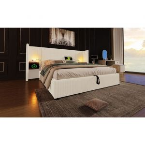 Lit 180x200 cm, lit coffre adulte LED et USB, coffre hydraulique, velours, sommier &agrave; lattes, cadre m&eacute;tallique, rose