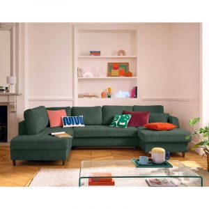 Anna - canap&eacute; panoramique d'angle gauche 7 places convertible avec coffre en velours textur&eacute; - Vert
