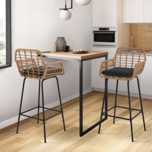 Idmarket Lot De 2 Tabourets De Bar Summer Avec Accoudoirs Effet Rotin Beige Pied Metal Noir