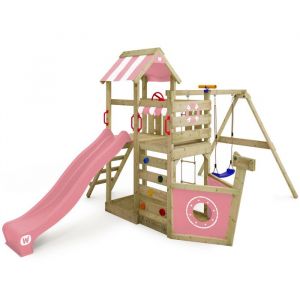 Wickey Tour de jeux en bois SeaFlyer avec balançoire et toboggan, cabane avec bac à sable, échelle de corde et accessoires de jeu – rose pastel