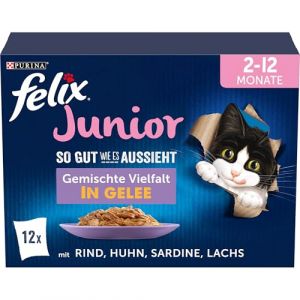 Felix Nourriture pour Chatons Junior Humide en gel&eacute;e, m&eacute;lange de vari&eacute;t&eacute;s, Lot de 6 (6 x 12 sachets de 85 g)