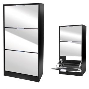 Meuble à chaussures style design – Coloris noir avec façade miroir – 60x24x116 cm – Collection REFLEXIO