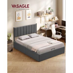 Vasagle - Cadre de Lit, 140 x 190 cm, Sommier Relevable, avec Rangement, Tête de Lit, Système Hydraulique, Moderne et Minimaliste, Montage Facile,