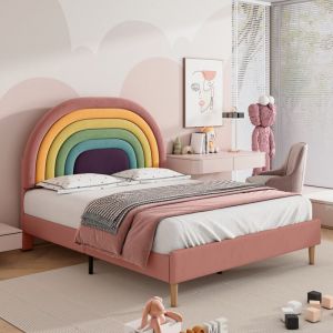 Modfu - Lit enfant 140x200 cm, tête de lit réglable en hauteur, velours, arc-en-ciel, sans matelas, lit simple, rose