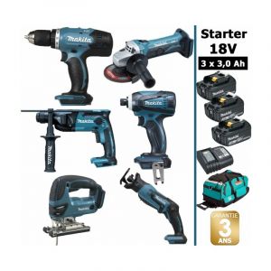 Image de Makita Pack starter 6 outils 18v: perceuse ddf453 + perfo dhr165 + meuleuse dga452 + visseuse à choc dtd146 + scie sauteuse djv180 + scie récipro djr183 + 3 batt 3ah + sac makpac