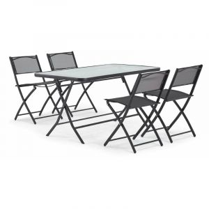 Image de Oviala Table de jardin et 4 chaises pliantes en acier et verre Calvi - Noir - Noir