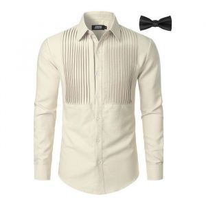 Chemise Homme De Smoking &Agrave; Manches Longues &Eacute;l&eacute;gante Pliss&eacute;e Beige Taille L Pour Soir&eacute;e C&eacute;r&eacute;monie Mariage Ou Bal